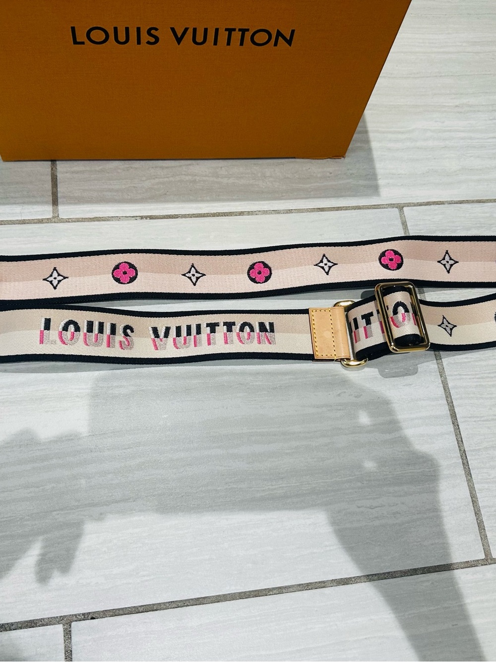 Louis Vuitton Beige and Pink Monogram Webbing Strap with Gold Hardware